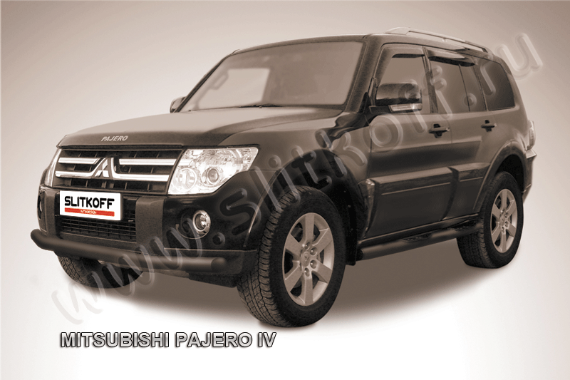Защита Slitkoff переднего бампера d76 ЧЕРНАЯ матовая для Mitsubishi Pajero IV 2011-2026. Артикул MPJ010B