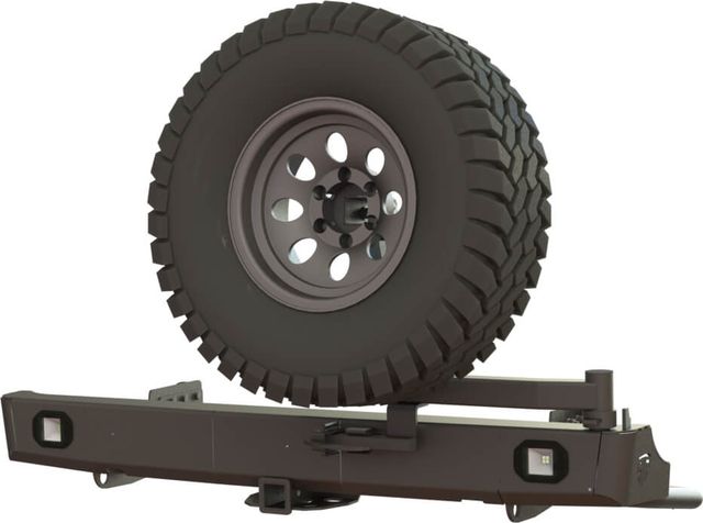 Бампер силовой STC задний для Toyota Hilux VII 2004-2015 с квадратом под фаркоп, кронштейном крепления запасного колеса справа и фарами заднего хода/ ПТФ. Артикул STC-TH05-BR-C2-L2