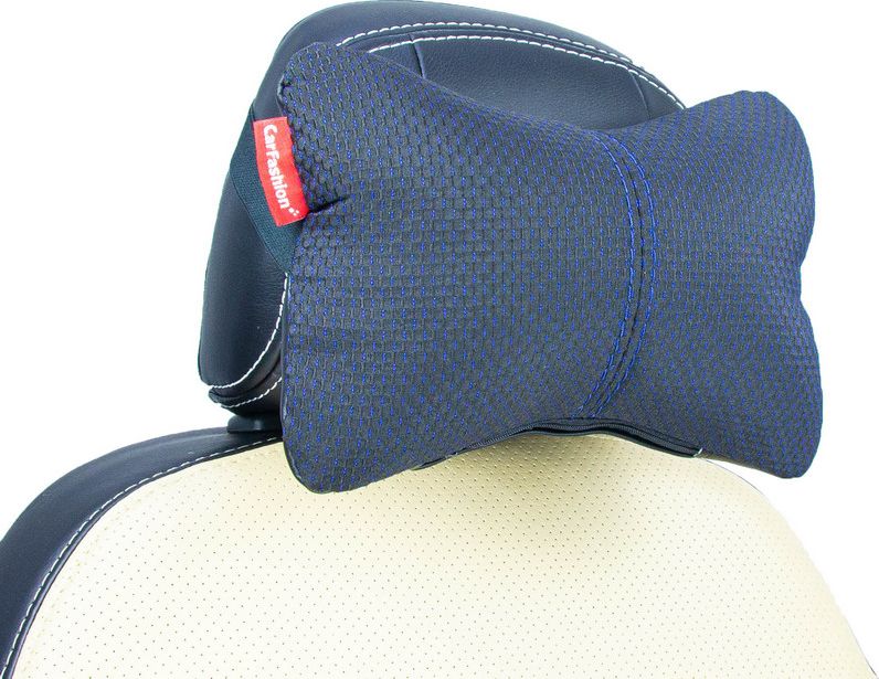 Подушка под шею CarFashion ортопедическая Экокожа/жаккард, цвет Черный/т. синий/Синий. Артикул 41116