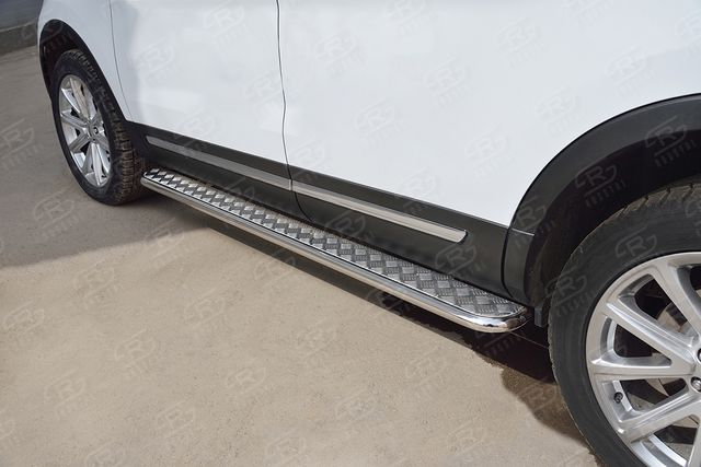 Защита порогов RusStal труба d42 с листом (Лист алюм, проф. нерж) (Вариант 1) для Ford Explorer V 2015-2017. Артикул FEL-0026631