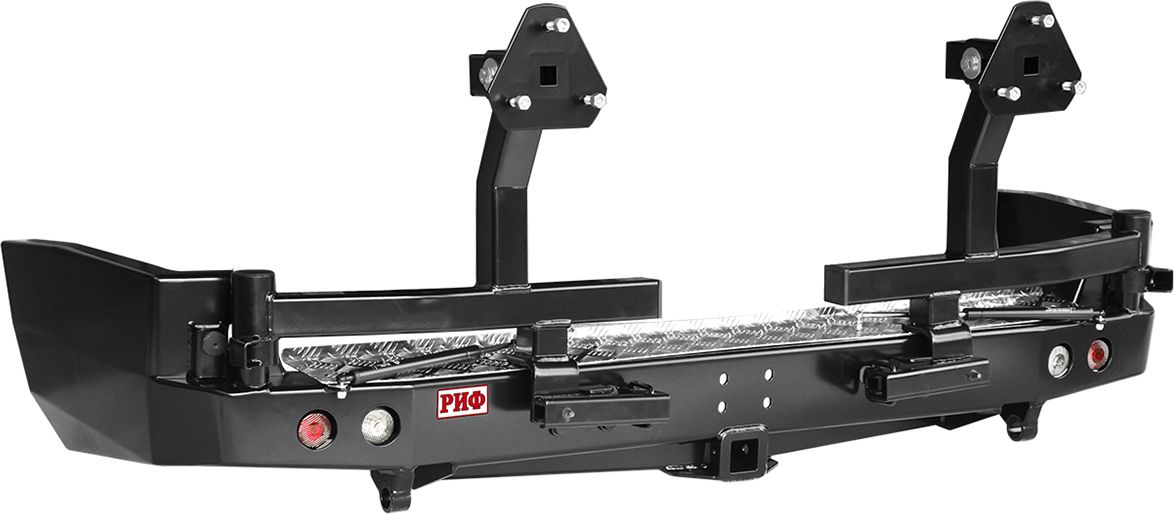 Бампер силовой РИФ задний с квадратом под фаркоп, 2-мя калитками и фонарями для Nissan Patrol Y61 2004-2010. Артикул RIFY61-21122