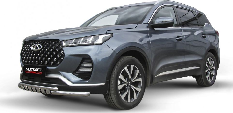 Защита Slitkoff переднего бампера d57+d42 двойная с декоративными элементами для Chery Tiggo 7 Pro 2020-2026. Артикул CT7PR-001