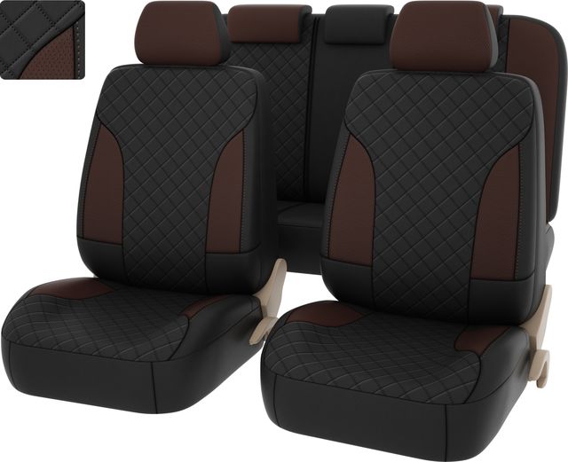 Чехлы универсальные PSV King Next на сидения терморомб + экокожа, цвет Черный/Коричневый. Артикул 131956