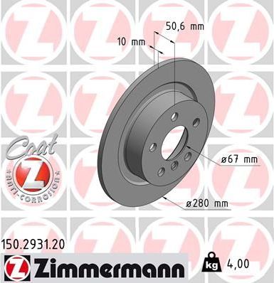 Тормозной диск Zimmermann Coat Z задний для MINI Clubman II (F54) 2014-2026. Артикул 150.2931.20