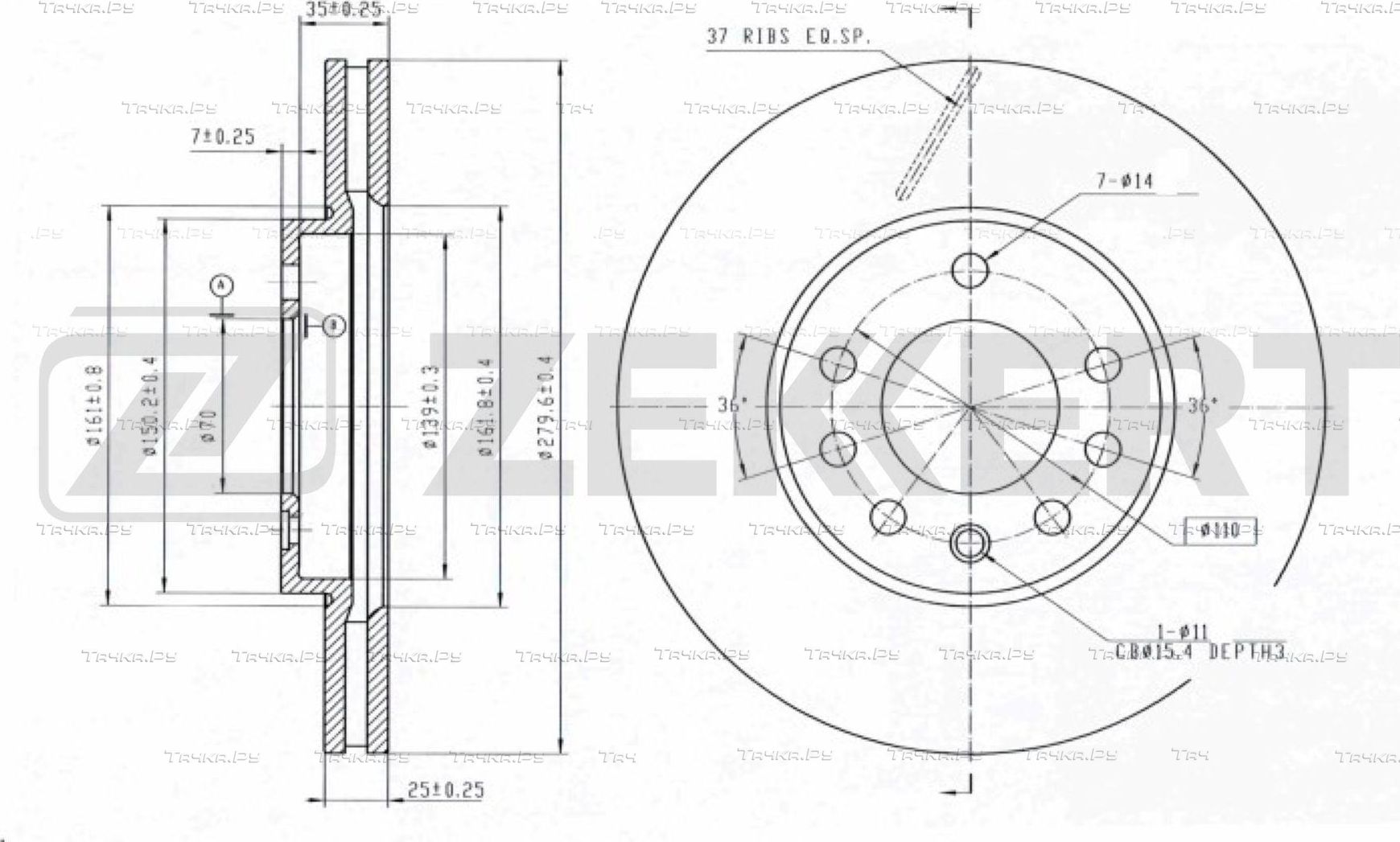 Тормозной диск Zekkert передний для Chevrolet Zafira 2001-2012. Артикул BS-5247B