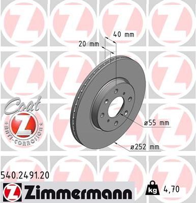 Тормозной диск Zimmermann Coat Z передний для Suzuki Splash I 2008-2015. Артикул 540.2491.20