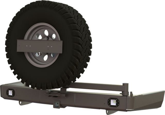 Бампер силовой STC задний для Mitsubishi Pajero Sport III 2015-2026 с квадратом под фаркоп, кронштейном крепления запасного колеса по центру и фарами заднего хода/ ПТФ. Артикул STC-MPS3-BR-C1-L2