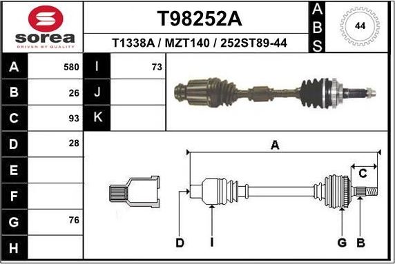 Полуось (привод в сборе, приводной вал) EAI передняя правая для Mazda 323 V (BA) 1994-1998. Артикул T98252A