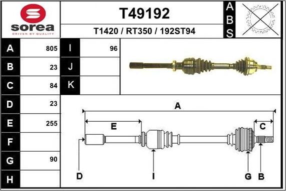 Полуось (привод в сборе, приводной вал) EAI. Артикул T49192