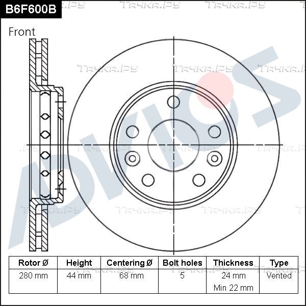 Тормозной диск Advics передний для Renault Grand Scenic III 2009-2015. Артикул B6F600B