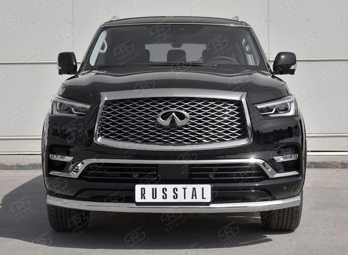 Защита RusStal переднего бампера d76 секции для Infiniti QX80 I рестайлинг 2018-2026. Артикул IQX8Z-003008