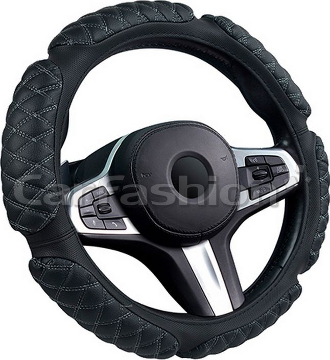 Оплётка на руль CarFashion Scotch (размер M, экокожа, цвет ЧЕРНЫЙ/СЕРЫЙ). Артикул 31654