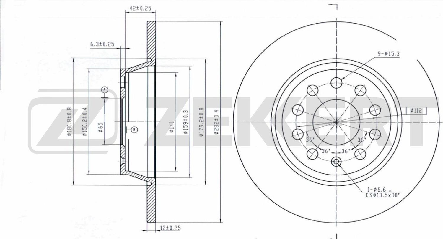 Тормозной диск Zekkert задний для Audi Q3 I (8U) 2011-2018. Артикул BS-5398B