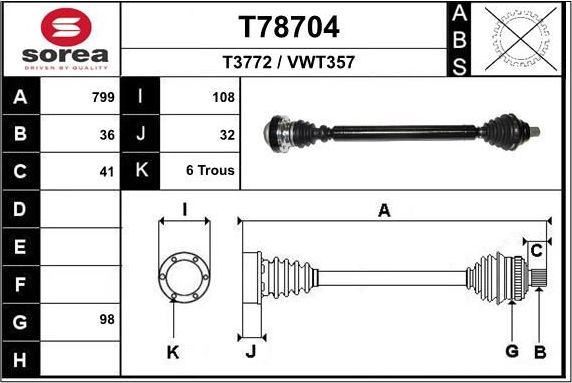 Полуось (привод в сборе, приводной вал) EAI. Артикул T78704