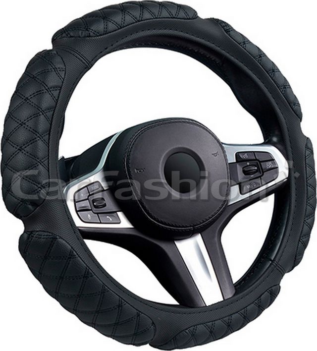Оплётка на руль CarFashion Scotch (размер M, экокожа, цвет ЧЕРНЫЙ/ЧЕРНЫЙ). Артикул 31652