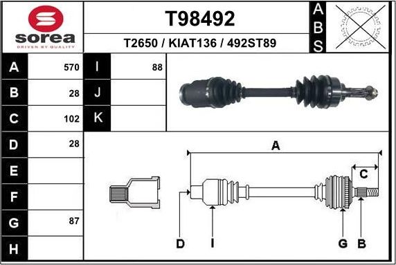 Полуось (привод в сборе, приводной вал) EAI. Артикул T98492