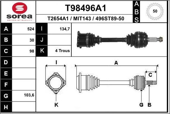 Полуось (привод в сборе, приводной вал) EAI. Артикул T98496A1
