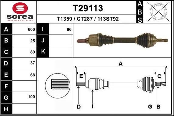 Полуось (привод в сборе, приводной вал) EAI. Артикул T29113