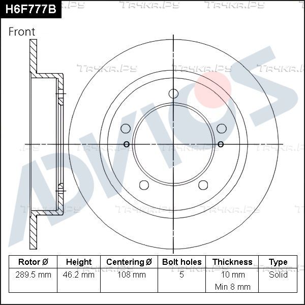 Тормозной диск Advics передний для Suzuki Jimny III 1998-2019. Артикул H6F777B