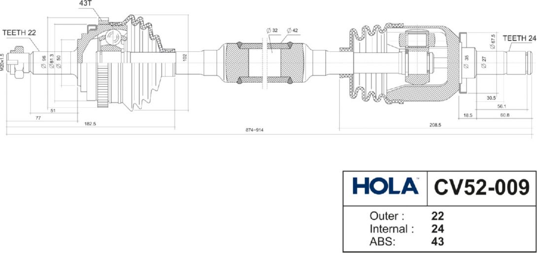 Полуось (привод в сборе, приводной вал) HOLA. Артикул CV52-009