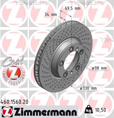 Тормозной диск Zimmermann Coat Z передний левый для Porsche 911 VII (991) 2015-2026. Артикул 460.1560.20
