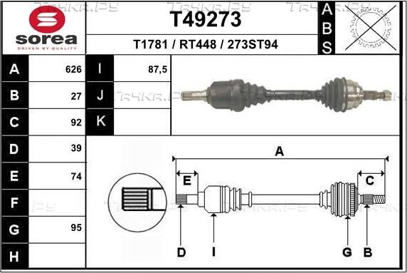 Полуось (привод в сборе, приводной вал) EAI. Артикул T49273