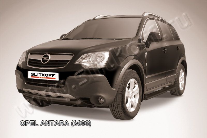 Защита Slitkoff переднего бампера d57/57 двойная ЧЕРНАЯ матовая для Opel Antara 2006-2011. Артикул OPAN006B