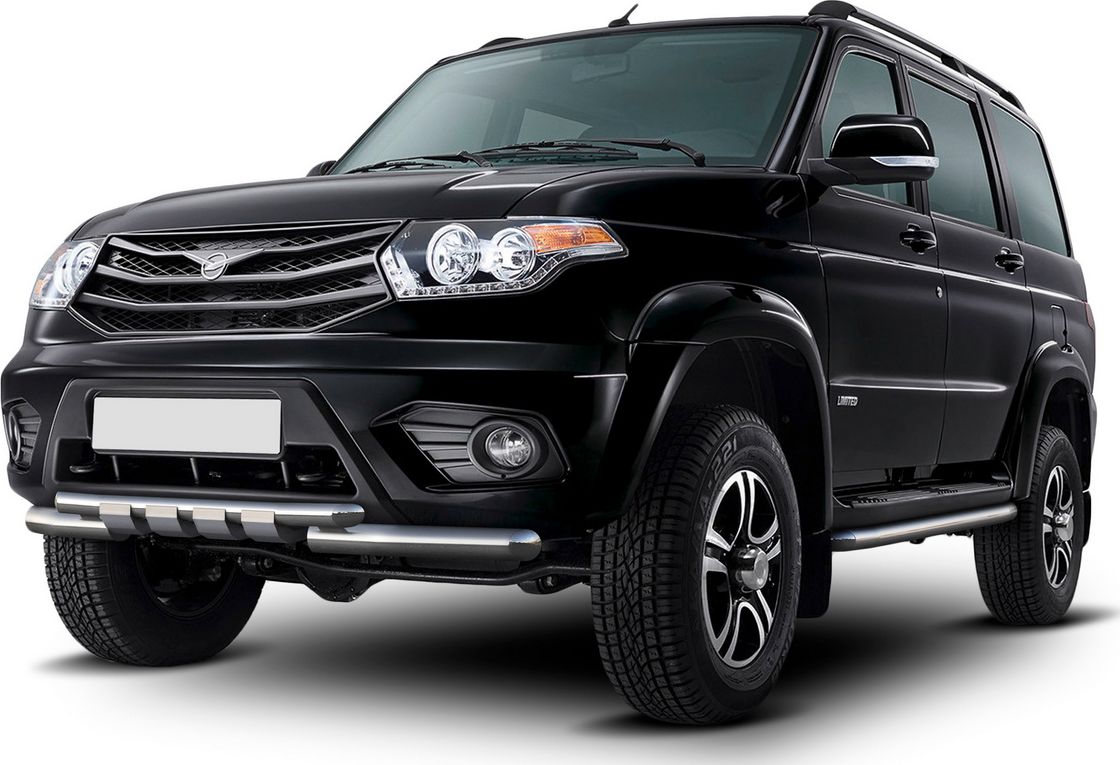 Защита Rival переднего бампера d76+d57 с профильной защитой картера для УАЗ Патриот I рестайлинг 2014-2016 2016-2026. Артикул R.6302.003