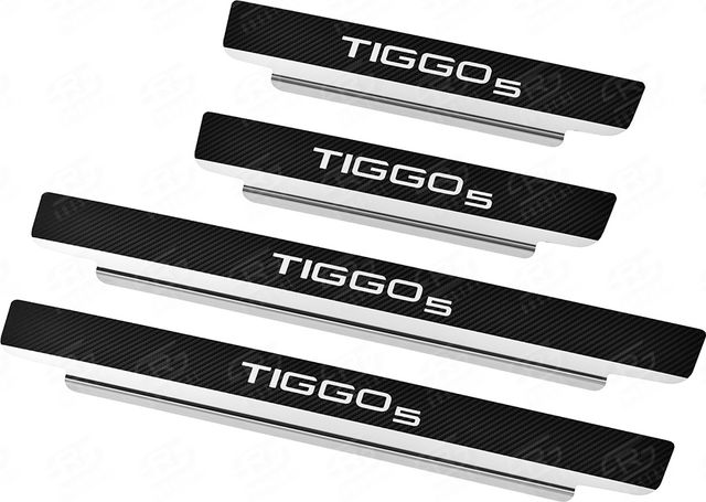 Накладки RusStal на пороги (лист нерж. карбон с надписью) для Chery Tiggo 5 2015-2017. Артикул CHTG15-06