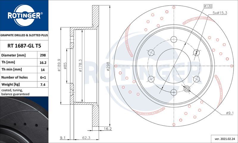 Тормозной диск Rotinger GRAPHITE DRILLED & SLOTTED PLUS. Артикул RT 1687-GL T5