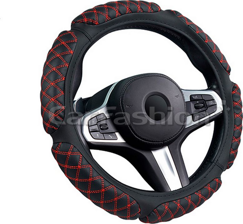 Оплётка на руль CarFashion Scotch (размер M, экокожа, цвет ЧЕРНЫЙ/КРАСНЫЙ). Артикул 31653