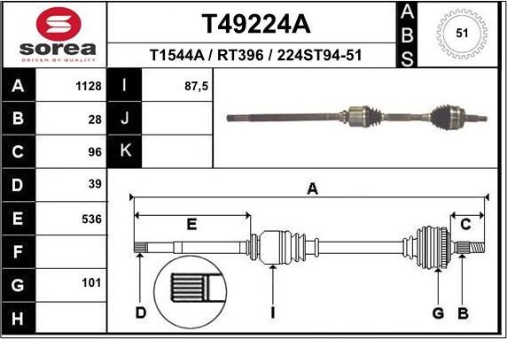 Полуось (привод в сборе, приводной вал) EAI. Артикул T49224A