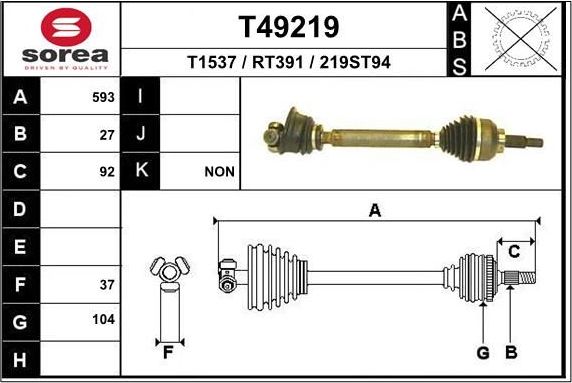 Полуось (привод в сборе, приводной вал) EAI. Артикул T49219