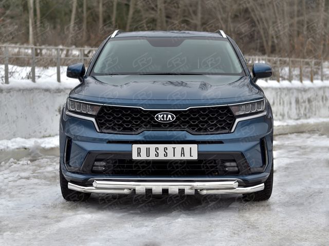 Защита RusStal переднего бампера d63 секции-d63 уголки+клыки для Kia Sorento IV 2020-2026. Артикул KSORZ-004016