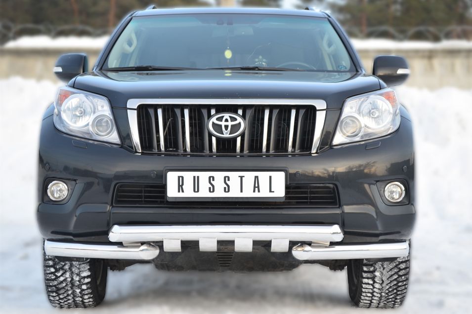 Защита RusStal переднего бампера d76 (дуга) d76х2 (дуга)+клыки для Toyota Land Cruiser Prado 150 2009-2013. Артикул PNZ-001614