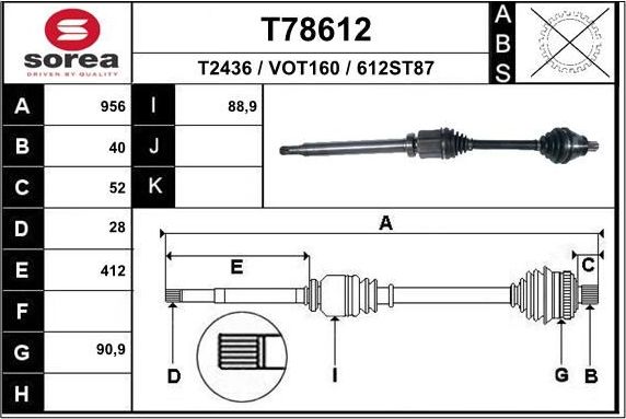 Полуось (привод в сборе, приводной вал) EAI. Артикул T78612