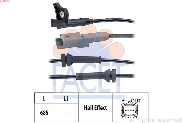 Датчик ABS Facet Made in Italy - OE Equivalent передний правый/левый для Citroen DS5 2011-2015. Артикул 21.0035
