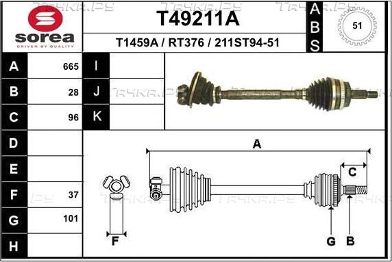 Полуось (привод в сборе, приводной вал) EAI. Артикул T49516