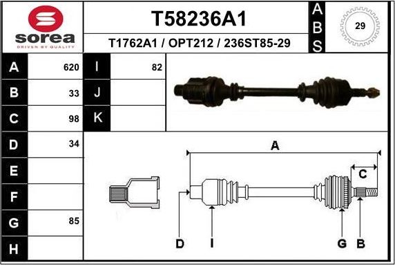 Полуось (привод в сборе, приводной вал) EAI. Артикул T58236A1