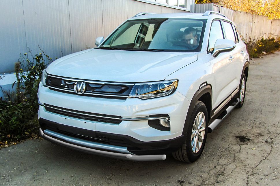 Защита Slitkoff переднего бампера d42/32 двойная для Changan CS35 Plus 2019-2026 Серебристая. Артикул CHANCS35P-002S