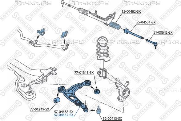 Поперечный рычаг передней подвески Stellox правый для Fiat Idea 2003-2016. Артикул 57-04637-SX