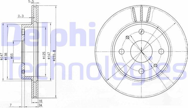 Тормозной диск Delphi передний для Daihatsu Trevis 2006-2011. Артикул BG3555