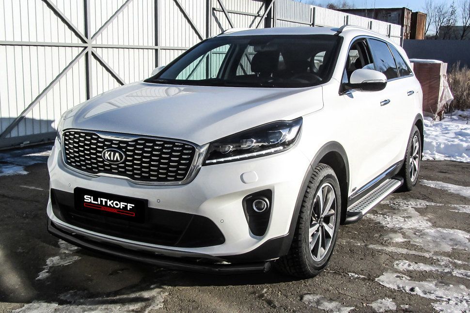 Защита Slitkoff переднего бампера d57 для Kia Sorento III (Prime) рестайлинг 2017-2020 ЧЕРНАЯ матовая. Артикул KS17-002B