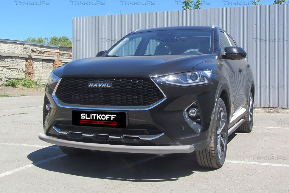 Защита Slitkoff переднего бампера d57 для Haval F7 2019-2026 Серебристая. Артикул HavF7003S