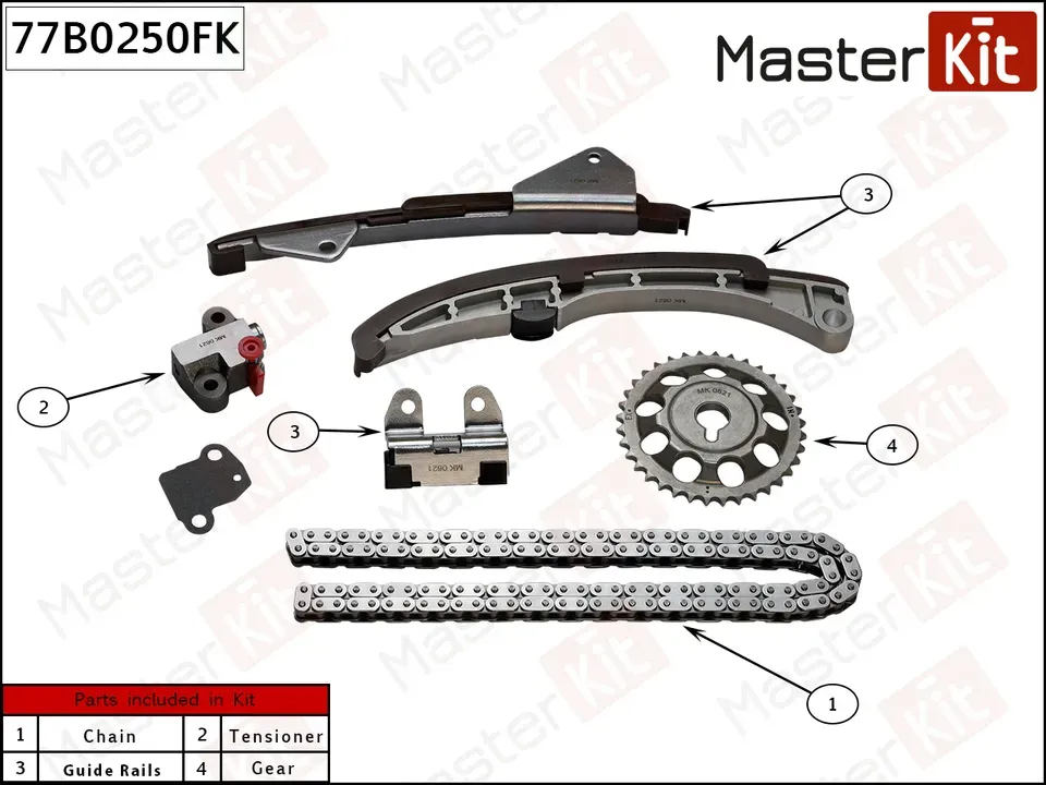 Комплект цепи ГРМ TOYOTA AURIS E150/COROLLA E120 1NZ-FE co звездочками (Master KIT). Артикул 77B0250FK