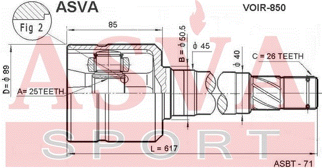 Шрус внутренний (граната) Asva передний правый для Volvo C70 I 1997-2005. Артикул VOIR-850