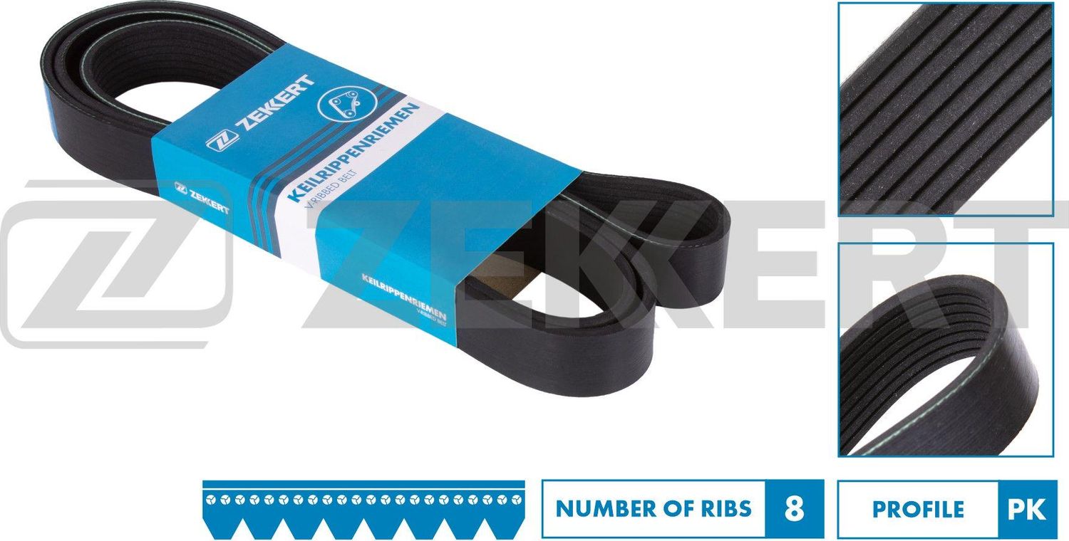 Приводной ремень поликлиновой Zekkert (EPDM (Этилен-пропиленовый каучук)). Артикул KR-8PK1143
