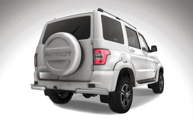 Защита Slitkoff заднего бампера уголки d76+d42 двойные для УАЗ Patriot I рестайлинг 2014-2026 Серебристая. Артикул UP14-006S