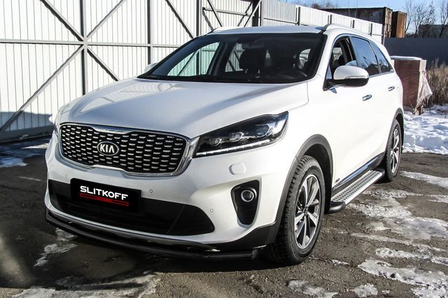 Защита Slitkoff переднего бампера d57 для Kia Sorento III (Prime) рестайлинг 2017-2020 ЧЕРНАЯ матовая. Артикул KS17-002B