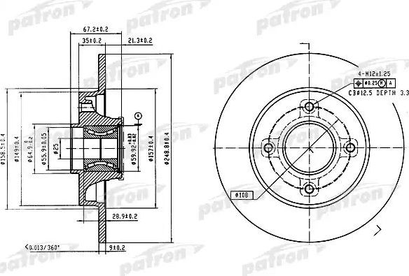 Тормозной диск Patron задний для Citroen C4 I 2004-2010. Артикул PBD7011